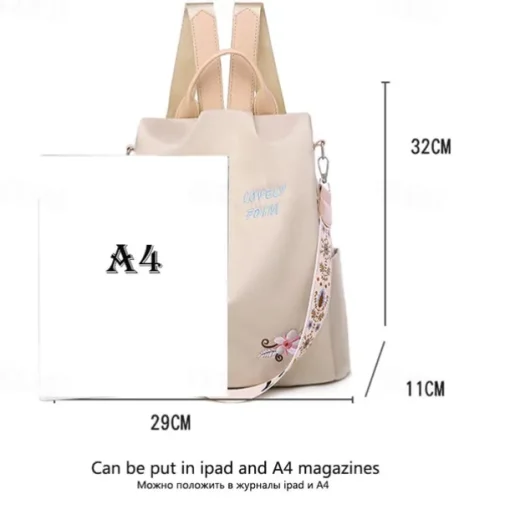 Women's Black Waterproof Nylon Backpack with Floral Embroidery and Shoulder Strap – Casual Lightweight Anti-Theft Bag for Travel, School, or Daily Use