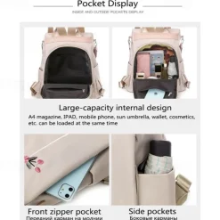 Women's Black Waterproof Nylon Backpack with Floral Embroidery and Shoulder Strap – Casual Lightweight Anti-Theft Bag for Travel, School, or Daily Use