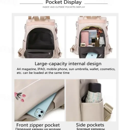 Women's Black Waterproof Nylon Backpack with Floral Embroidery and Shoulder Strap – Casual Lightweight Anti-Theft Bag for Travel, School, or Daily Use