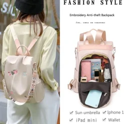 Women's Black Waterproof Nylon Backpack with Floral Embroidery and Shoulder Strap – Casual Lightweight Anti-Theft Bag for Travel, School, or Daily Use