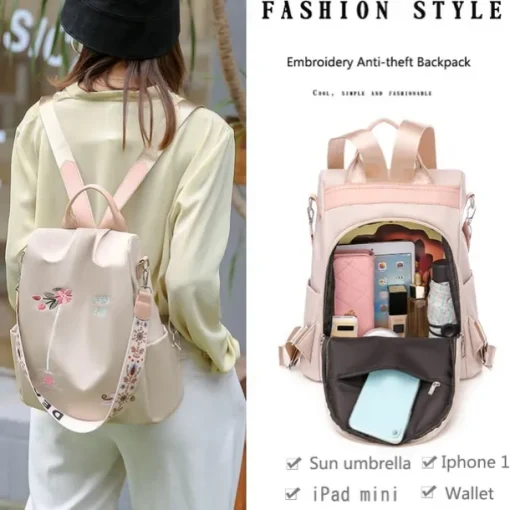 Women's Black Waterproof Nylon Backpack with Floral Embroidery and Shoulder Strap – Casual Lightweight Anti-Theft Bag for Travel, School, or Daily Use