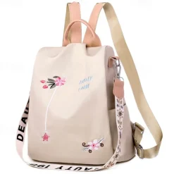 Women's Black Waterproof Nylon Backpack with Floral Embroidery and Shoulder Strap – Casual Lightweight Anti-Theft Bag for Travel, School, or Daily Use