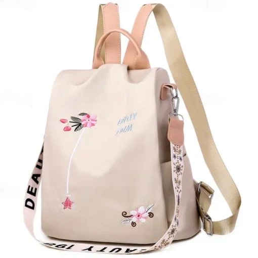 Women's Black Waterproof Nylon Backpack with Floral Embroidery and Shoulder Strap – Casual Lightweight Anti-Theft Bag for Travel, School, or Daily Use