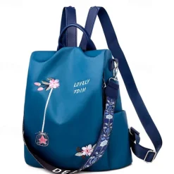 Women's Black Waterproof Nylon Backpack with Floral Embroidery and Shoulder Strap – Casual Lightweight Anti-Theft Bag for Travel, School, or Daily Use
