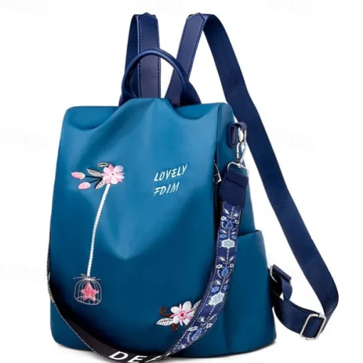 Women's Black Waterproof Nylon Backpack with Floral Embroidery and Shoulder Strap – Casual Lightweight Anti-Theft Bag for Travel, School, or Daily Use