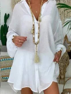 Women's Black White Blue Summer Spring Fall Mini Dress Linen-Inspired Dresses White Dress Shirt Dress Casual Outdoor Vacation Daily Loose Fit Pure Color Shirt Collar