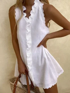 Women's Black White Dark Pink Summer Spring Mini Dress White Dress Cotton Linen Dresses Sundress Casual Vacation Daily Regular Fit Plain V Neck