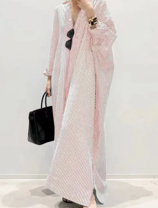 Women's Black White Light Green Summer Spring Fall Maxi Dress Cotton Linen Dresses Casual Dress Shift Dress Basic Casual Outdoor Winter Dress Vacation Loose Fit Striped Shirt Collar