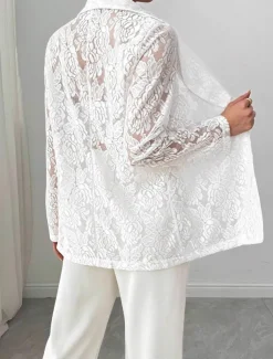 Women's Blazer Breathable Comfortable Patchwork Embroidered Fashion Casual Plain Office Street Casual Daily Wear Open Front Regular Turndown Regular Fit Long Sleeve Outerwear White Summer