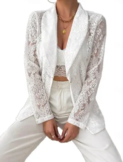 Women's Blazer Breathable Comfortable Patchwork Embroidered Fashion Casual Plain Office Street Casual Daily Wear Open Front Regular Turndown Regular Fit Long Sleeve Outerwear White Summer