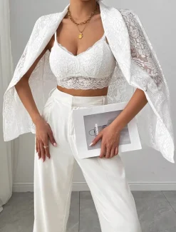 Women's Blazer Breathable Comfortable Patchwork Embroidered Fashion Casual Plain Office Street Casual Daily Wear Open Front Regular Turndown Regular Fit Long Sleeve Outerwear White Summer