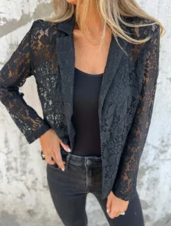Women's Blazer Breathable Comfortable Lace Patchwork Casual Plain Office Street Casual Daily Wear Open Front Regular Turndown Regular Fit Long Sleeve Outerwear Black White Summer