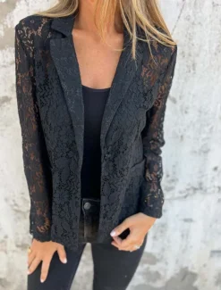 Women's Blazer Breathable Comfortable Lace Patchwork Casual Plain Office Street Casual Daily Wear Open Front Regular Turndown Regular Fit Long Sleeve Outerwear Black White Summer