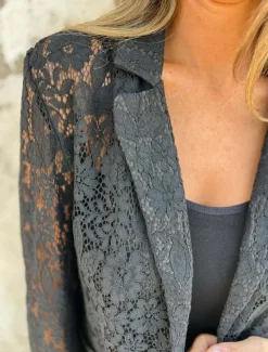 Women's Blazer Breathable Comfortable Lace Patchwork Casual Plain Office Street Casual Daily Wear Open Front Regular Turndown Regular Fit Long Sleeve Outerwear Black White Summer