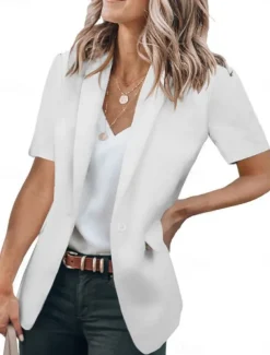 Women's Blazer Breathable Comfortable Ruffle Casual Plain Work Daily Wear Open Front Regular Turndown Regular Fit Short Sleeves Outerwear Black White Red Summer