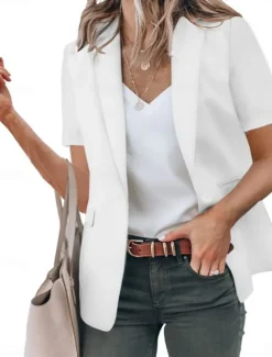 Women's Blazer Breathable Comfortable Ruffle Casual Plain Work Daily Wear Open Front Regular Turndown Regular Fit Short Sleeves Outerwear Black White Red Summer