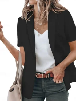 Women's Blazer Breathable Comfortable Ruffle Casual Plain Work Daily Wear Open Front Regular Turndown Regular Fit Short Sleeves Outerwear Black White Red Summer
