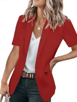 Women's Blazer Breathable Comfortable Ruffle Casual Plain Work Daily Wear Open Front Regular Turndown Regular Fit Short Sleeves Outerwear Black White Red Summer