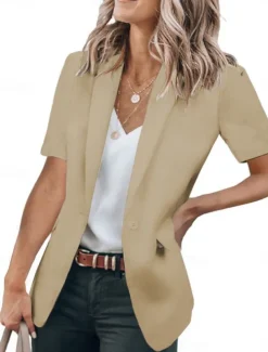 Women's Blazer Breathable Comfortable Ruffle Casual Plain Work Daily Wear Open Front Regular Turndown Regular Fit Short Sleeves Outerwear Black White Red Summer
