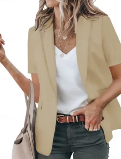 Women's Blazer Breathable Comfortable Ruffle Casual Plain Work Daily Wear Open Front Regular Turndown Regular Fit Short Sleeves Outerwear Black White Red Summer