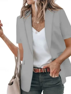 Women's Blazer Breathable Comfortable Ruffle Casual Plain Work Daily Wear Open Front Regular Turndown Regular Fit Short Sleeves Outerwear Black White Red Summer