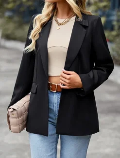 Women's Blazer Breathable Comfortable Pocket Casual Plain Office Street Casual Daily Wear Single Breasted Regular Turndown Regular Fit Long Sleeve Outerwear Black White Green Summer