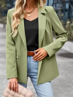 Women's Blazer Breathable Comfortable Pocket Casual Plain Office Street Casual Daily Wear Single Breasted Regular Turndown Regular Fit Long Sleeve Outerwear Black White Green Summer