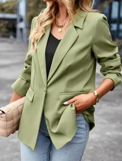 Women's Blazer Breathable Comfortable Pocket Casual Plain Office Street Casual Daily Wear Single Breasted Regular Turndown Regular Fit Long Sleeve Outerwear Black White Green Summer