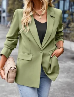 Women's Blazer Breathable Comfortable Pocket Casual Plain Office Street Casual Daily Wear Single Breasted Regular Turndown Regular Fit Long Sleeve Outerwear Black White Green Summer