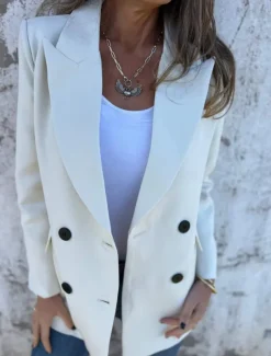 Women's Blazer Breathable Comfortable Pocket Casual Plain Office Street Casual Daily Wear Double Breasted Regular Peaked Lapel Regular Fit Long Sleeve Outerwear Black White Red Summer