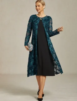 Women's Blazer Caot Jacket Lace Embroidered Sequin Elegant Floral Formal Anniversary Party Wedding Guest Open Front Long Crewneck Regular Fit Long Sleeve Outerwear Navy Blue Spring Fall