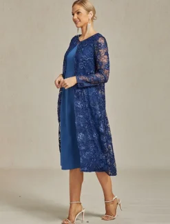 Women's Blazer Caot Jacket Lace Embroidered Sequin Elegant Floral Formal Anniversary Party Wedding Guest Open Front Long Crewneck Regular Fit Long Sleeve Outerwear Navy Blue Spring Fall