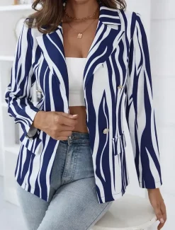 Women's Blazer Casual Work Stripe Stylish Regular Fit Outerwear Long Sleeve Spring Blue