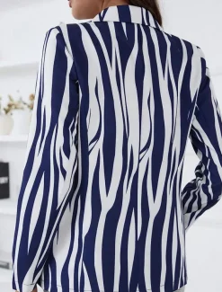 Women's Blazer Casual Work Stripe Stylish Regular Fit Outerwear Long Sleeve Spring Blue