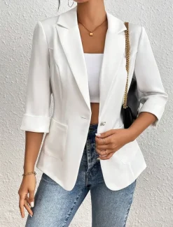 Women's Blazer Comfortable Breathable Pocket Casual Plain Office Street Casual Daily Wear Single Breasted Regular Turndown Regular Fit Long Sleeve Outerwear White Summer Spring