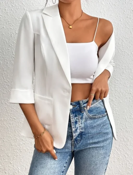 Women's Blazer Comfortable Breathable Pocket Casual Plain Office Street Casual Daily Wear Single Breasted Regular Turndown Regular Fit Long Sleeve Outerwear White Summer Spring