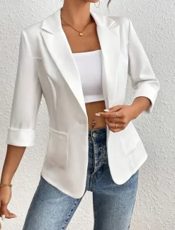 Women's Blazer Comfortable Breathable Pocket Casual Plain Office Street Casual Daily Wear Single Breasted Regular Turndown Regular Fit Long Sleeve Outerwear White Summer Spring