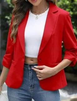 Women's Blazer Comfortable Breathable Pocket Casual Plain Office Street Casual Daily Wear Single Breasted Regular Turndown Regular Fit Long Sleeve Outerwear Black White Red Spring Fall