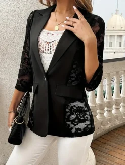 Women's Blazer Comfortable Breathable Lace Patchwork Elegant Casual Plain Office Street Casual Daily Wear Single Breasted Regular Turndown Regular Fit 3/4 Length Sleeve Outerwear Black Summer