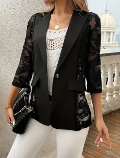 Women's Blazer Comfortable Breathable Lace Patchwork Elegant Casual Plain Office Street Casual Daily Wear Single Breasted Regular Turndown Regular Fit 3/4 Length Sleeve Outerwear Black Summer