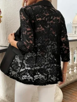 Women's Blazer Comfortable Breathable Lace Patchwork Elegant Casual Plain Office Street Casual Daily Wear Single Breasted Regular Turndown Regular Fit 3/4 Length Sleeve Outerwear Black Summer