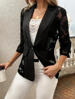 Women's Blazer Comfortable Breathable Lace Patchwork Elegant Casual Plain Office Street Casual Daily Wear Single Breasted Regular Turndown Regular Fit 3/4 Length Sleeve Outerwear Black Summer