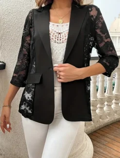 Women's Blazer Comfortable Breathable Lace Patchwork Elegant Casual Plain Office Street Casual Daily Wear Single Breasted Regular Turndown Regular Fit 3/4 Length Sleeve Outerwear Black Summer