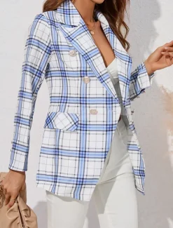 Women's Blazer Comfortable Breathable Buttons Print Casual Plaid Office Street Casual Daily Wear Single Breasted Regular Turndown Regular Fit Long Sleeve Outerwear Black Blue Gray Summer Winter
