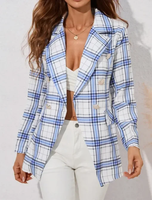 Women's Blazer Comfortable Breathable Buttons Print Casual Plaid Office Street Casual Daily Wear Single Breasted Regular Turndown Regular Fit Long Sleeve Outerwear Black Blue Gray Summer Winter