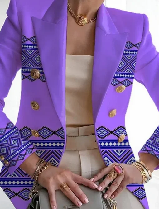 Women's Blazer Comfortable Breathable Pocket Buttons Print Fashion Casual Geometric Office Street Casual Daily Wear Single Breasted Regular Turndown Regular Fit Long Sleeve Outerwear Pink Purple