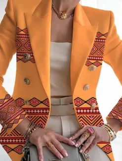 Women's Blazer Comfortable Breathable Pocket Buttons Print Fashion Casual Geometric Office Street Casual Daily Wear Single Breasted Regular Turndown Regular Fit Long Sleeve Outerwear Pink Purple