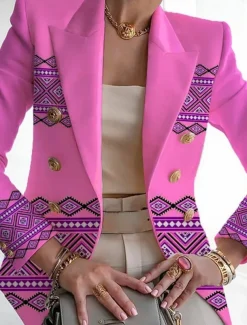 Women's Blazer Comfortable Breathable Pocket Buttons Print Fashion Casual Geometric Office Street Casual Daily Wear Single Breasted Regular Turndown Regular Fit Long Sleeve Outerwear Pink Purple