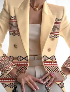 Women's Blazer Comfortable Breathable Pocket Buttons Print Fashion Casual Geometric Office Street Casual Daily Wear Single Breasted Regular Turndown Regular Fit Long Sleeve Outerwear Pink Purple