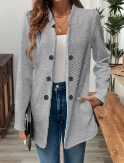 Women's Blazer Comfortable Breathable Buttons Casual Plain Office Street Casual Daily Wear Single Breasted Regular Stand Collar Regular Fit Long Sleeve Outerwear Black White Pink Summer Fall